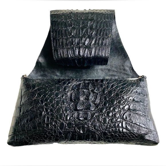 Midnight Black Genuine Exotic Croc Wrap Clutch Shoulder Bag Purse - Picture 5 of 7